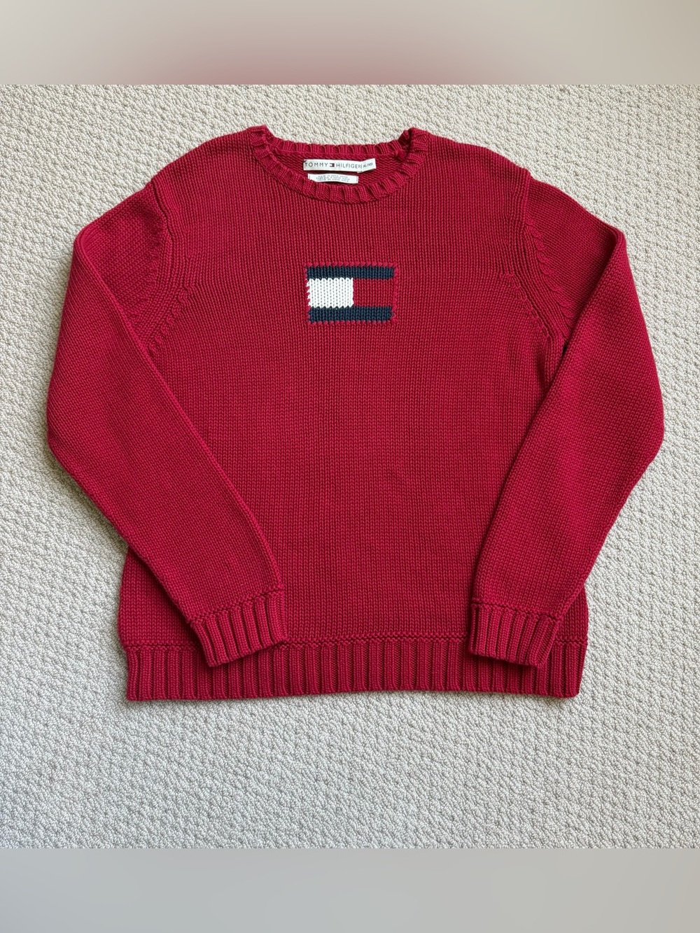 Tommy Hilfiger Sweater Women's XL Red Flag Logo Pullover Crewneck Y2K